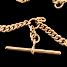 Load image into Gallery viewer, A rose gold curb link double Albert chain with T-bar, on a black background