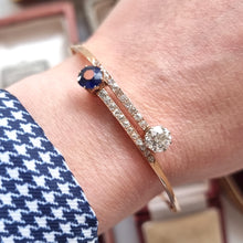 Load image into Gallery viewer, Antique 15ct Gold Sapphire and Diamond Bangle Bracelet modelled