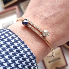 Load image into Gallery viewer, Antique 15ct Gold Sapphire and Diamond Bangle Bracelet modelled