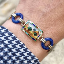 Load image into Gallery viewer, Art Deco Egyptian Revival Silver and Enamel Souvenir Bracelet modelled