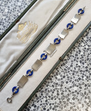 Load image into Gallery viewer, Art Deco Egyptian Revival Silver and Enamel Souvenir Bracelet in box, back