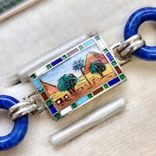 Load image into Gallery viewer, Art Deco Egyptian Revival Silver and Enamel Souvenir Bracelet panel with trees in desert
