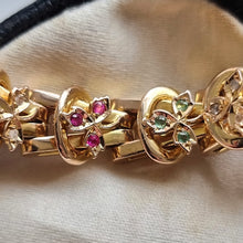 Load image into Gallery viewer, Antique/Vintage 15ct Yellow Gold Emerald, Ruby and Diamond Bracelet detail of links