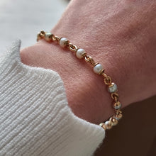 Load image into Gallery viewer, Vintage 9ct Yellow Gold Pearl Bracelet modelled