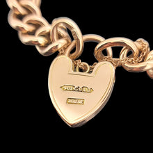 Load image into Gallery viewer, Antique 9ct Rose Gold Turquoise Curb Bracelet with Heart Padlock close-up of the stamps to the back of the padlock