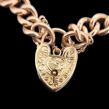 Load image into Gallery viewer, Antique 9ct Rose Gold Turquoise Curb Bracelet with Heart Padlock close-up of the heart shaped padlock