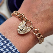 Load image into Gallery viewer, Antique 9ct Rose Gold Turquoise Curb Bracelet with Heart Padlock modelled on the wrist