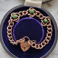 Load image into Gallery viewer, Antique 9ct Rose Gold Turquoise Curb Bracelet with Heart Padlock in an antique box with blue velvet