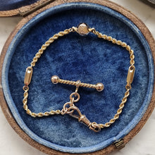 Load image into Gallery viewer, Antique 9ct Yellow Gold Fancy Rope Bracelet with T-Bar in an antique box with blue velvet
