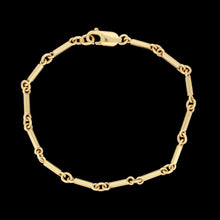 Load image into Gallery viewer, A yellow gold tube link bracelet with lobster claw clasp, on a black background