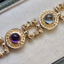 Load image into Gallery viewer, Vintage 14K Gold Cabochon Cut Multi-Gem Bracelet amethyst and aquamarine