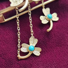 Load image into Gallery viewer, Antique 9ct Gold Turquoise Clover Bar Brooch close-up