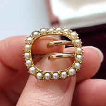 Load image into Gallery viewer, Antique 18ct Gold Pearl Buckle Brooch in hand