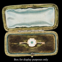 Load image into Gallery viewer, Antique 9ct Gold Mother of Pearl and Emerald Flower Bar Brooch shown in an antique box (for display purposes only)