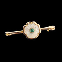 Load image into Gallery viewer, Antique 9ct Gold Mother of Pearl and Emerald Flower Bar Brooch shown from the front, on a black background