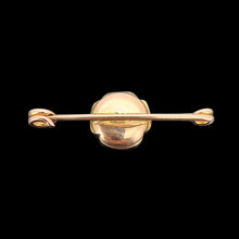 Load image into Gallery viewer, Antique 9ct Gold Mother of Pearl and Emerald Flower Bar Brooch shown from behind on a black background