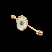 Load image into Gallery viewer, Antique 9ct Gold Mother of Pearl and Emerald Flower Bar Brooch side view on a black background