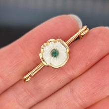 Load image into Gallery viewer, Antique 9ct Gold Mother of Pearl and Emerald Flower Bar Brooch held in the hand