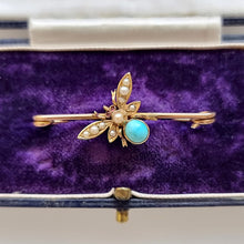 Load image into Gallery viewer, Antique 9ct and 15ct Yellow Gold Turquoise, Pearl and Ruby Bug Brooch