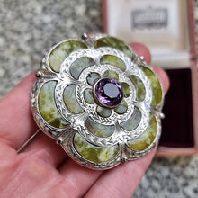 Load image into Gallery viewer, Vintage Sterling Silver Connemara Marble and Amethyst Brooch in hand