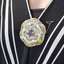 Load image into Gallery viewer, Vintage Sterling Silver Connemara Marble and Amethyst Brooch modelled