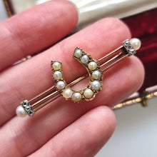 Load image into Gallery viewer, Antique 9ct Gold Pearl and Rose Cut Diamond Horseshoe Brooch in hand