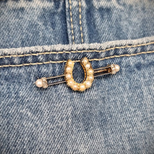Load image into Gallery viewer, Antique 9ct Gold Pearl and Rose Cut Diamond Horseshoe Brooch modelled