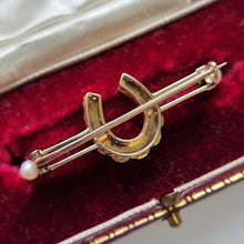 Load image into Gallery viewer, Antique 9ct Gold Pearl and Rose Cut Diamond Horseshoe Brooch back
