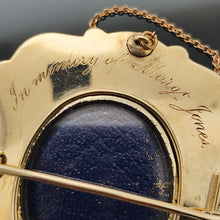 Load image into Gallery viewer, A yellow gold locket back brooch engraved "In memory of Margt Jones"