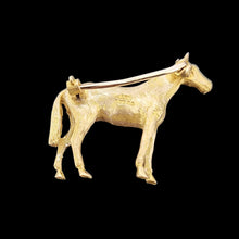 Load image into Gallery viewer, Back of Victorian 9ct Yellow Gold Horse Brooch on a black background
