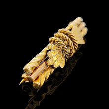 Load image into Gallery viewer, A yellow gold twist and rope design bar brooch, on a black background