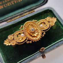 Load image into Gallery viewer, Victorian 15ct Gold Diamond and Pearl Locket Back Brooch in box