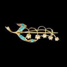 Load image into Gallery viewer, Gold floral brooch with turquoise stones and pearl-like elements on a black background