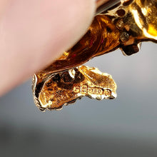 Load image into Gallery viewer, A close-up of a London 1972 18 carat gold hallmark on a gold brooch