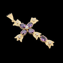 Load image into Gallery viewer, Vintage 14K Yellow Gold Amethyst and Diamond Cross Pendant side