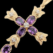 Load image into Gallery viewer, Vintage 14K Yellow Gold Amethyst and Diamond Cross Pendant close-up