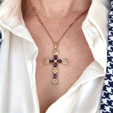 Load image into Gallery viewer, Vintage 14K Yellow Gold Amethyst and Diamond Cross Pendant modelled with chain