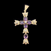 Load image into Gallery viewer, Vintage 14K Yellow Gold Amethyst and Diamond Cross Pendant front