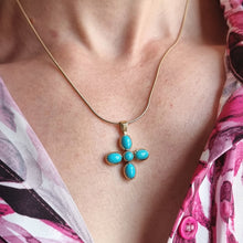Load image into Gallery viewer, Vintage 9ct Gold Turquoise Cross Pendant modelled with chain