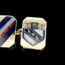 Load image into Gallery viewer, Vintage 9ct Yellow Gold "Lancing College" Enamel Chain Link Cufflinks showing the enamel arms close-up, on a black background