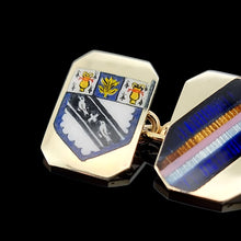 Load image into Gallery viewer, Vintage 9ct Yellow Gold "Lancing College" Enamel Chain Link Cufflinks showing the enamel arms close-up, on a black background