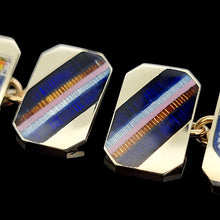 Load image into Gallery viewer, Vintage 9ct Yellow Gold "Lancing College" Enamel Chain Link Cufflinks showing the enamel stripes close-up, on a black background