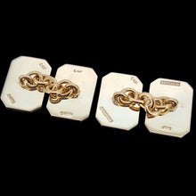 Load image into Gallery viewer, Vintage 9ct Yellow Gold "Lancing College" Enamel Chain Link Cufflinks shown from behind, on a black background