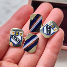 Load image into Gallery viewer, Vintage 9ct Yellow Gold "Lancing College" Enamel Chain Link Cufflinks held in the hand