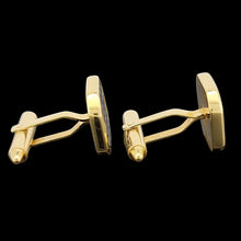 Load image into Gallery viewer, 18ct Yellow Gold Mother of Pearl and Onyx Chequerboard Cufflinks side view, on a black background