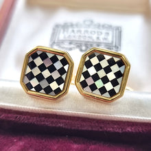 Load image into Gallery viewer, 18ct Yellow Gold Mother of Pearl and Onyx Chequerboard Cufflinks sitting in an antique box