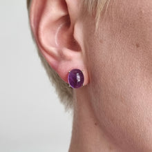 Load image into Gallery viewer, 9ct Gold Cabochon Amethyst Stud Earrings modelled