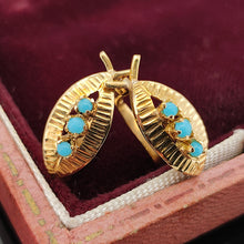 Load image into Gallery viewer, A pair of yellow gold turquoise leaf shaped earrings, in an antique box