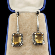 Load image into Gallery viewer, A pair of citrine, onyx and marcasite long drop earrings in silver, in an antique box