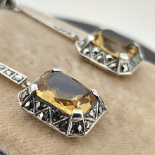 Load image into Gallery viewer, A pair of citrine, onyx and marcasite long drop earrings in silver